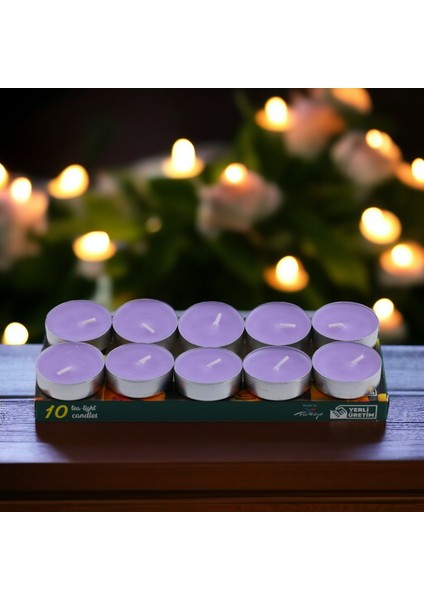 Tealight Mum 10X10 gr Dekoratif Mumu Kandil Hediyelik Fitilli Mumluk Şamdan Lila Renk Kokusuz fırsatları