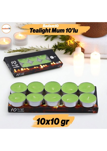 Tealight Mum 10X10 gr Dekoratif Mumu Kandil Hediyelik Fitilli Mumluk Şamdan Yeşil Renk Kokusuz