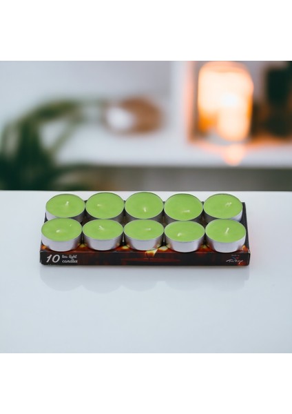 Tealight Mum 10X10 gr Dekoratif Mumu Kandil Hediyelik Fitilli Mumluk Şamdan Yeşil Renk Kokusuz modelleri