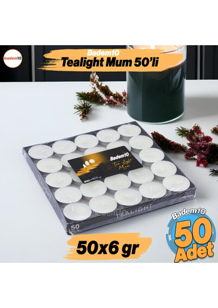 Tealight Mum 50X6 gr Dekoratif Mumu Kandil Hediyelik Fitilli Mumluk Şamdan Krem Renk Kokusuz