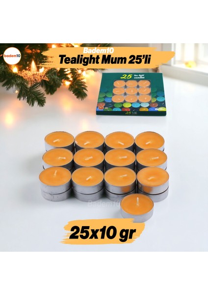 Tealight Mum 25X10 gr Dekoratif Mumu Kandil Hediyelik Fitilli Mumluk Şamdan Turuncu Renk Kokusuz