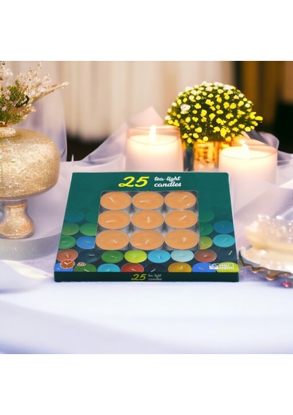 Tealight Mum 25X10 gr Dekoratif Mumu Kandil Hediyelik Fitilli Mumluk Şamdan Turuncu Renk Kokusuz modelleri