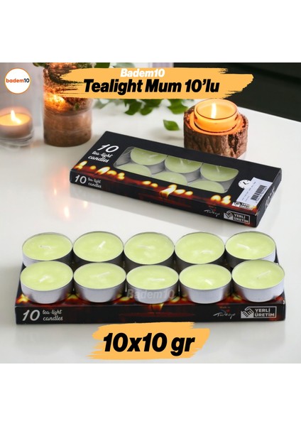 Tealight Mum 10X10 gr Dekoratif Mumu Kandil Hediyelik Fitilli Mumluk Şamdan Krem Renk Kokusuz