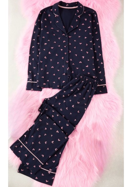 Kadın Moda Gömlek Yaka Boru Paça Uzun Kol Pamuk Kalp Desenli Gömlek-Pantolon Örme Pijama Takımı