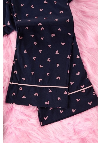Kadın Moda Gömlek Yaka Boru Paça Uzun Kol Pamuk Kalp Desenli Gömlek-Pantolon Örme Pijama Takımı