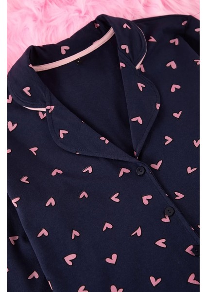Kadın Moda Gömlek Yaka Boru Paça Uzun Kol Pamuk Kalp Desenli Gömlek-Pantolon Örme Pijama Takımı