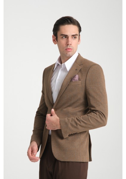 Ribas Erkek Kahverengi Likralı Pamuk Karışımlı Ekose Desenli Slim Fit Spor Blazer Ceket