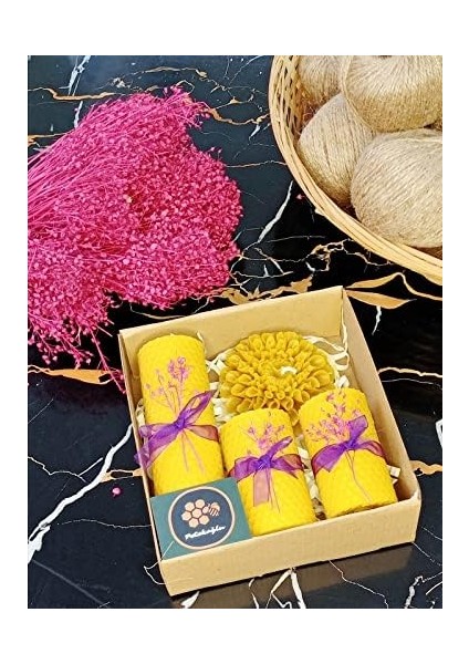 Dekoratif Doğal Petek Balmumu Mum Büyük Çiçekli Set Bal Mumu Mum Beeswax Candle 4 Lü Set
