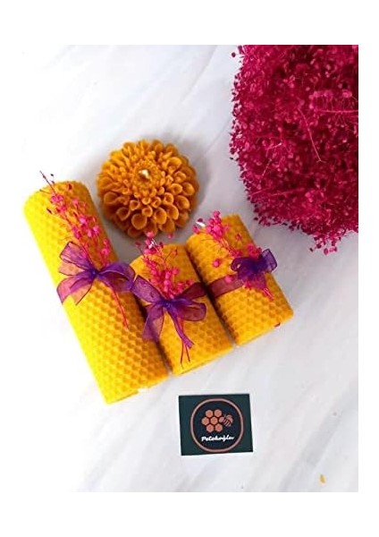 Dekoratif Doğal Petek Balmumu Mum Büyük Çiçekli Set Bal Mumu Mum Beeswax Candle 4 Lü Set