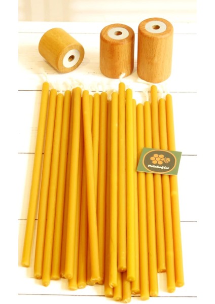 (50 Adet) Balmumu Mum ve (3 Adet) Özel Dizayn Ahşap Silindir Mumluk Dilek Mumu Doğal Petek Mum Beeswax Candle Sarı
