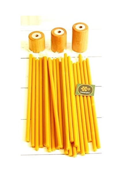 (50 Adet) Balmumu Mum ve (3 Adet) Özel Dizayn Ahşap Silindir Mumluk Dilek Mumu Doğal Petek Mum Beeswax Candle Sarı