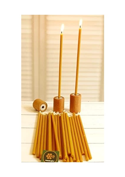 (50 Adet) Balmumu Mum ve (3 Adet) Özel Dizayn Ahşap Silindir Mumluk Dilek Mumu Doğal Petek Mum Beeswax Candle Sarı