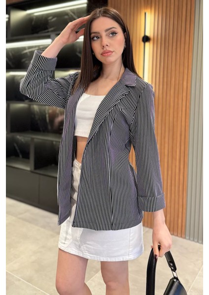 Kadın Çizgili Duble Kol Blazer Ceket