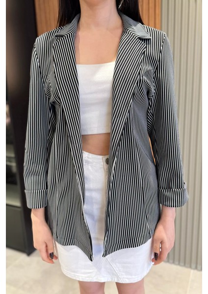 Kadın Çizgili Duble Kol Blazer Ceket