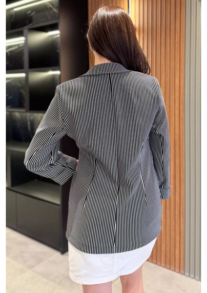Kadın Çizgili Duble Kol Blazer Ceket