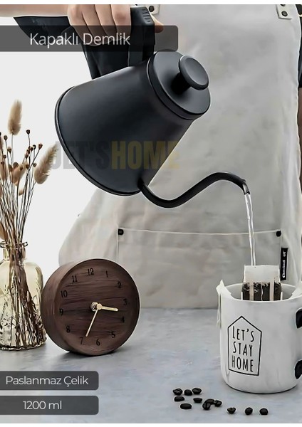 Kapaklı Demlik Paslanmaz Kahve Demliği Indüksiyon Uyumlu Çelik Büyük Boy Demlik 1200 ml