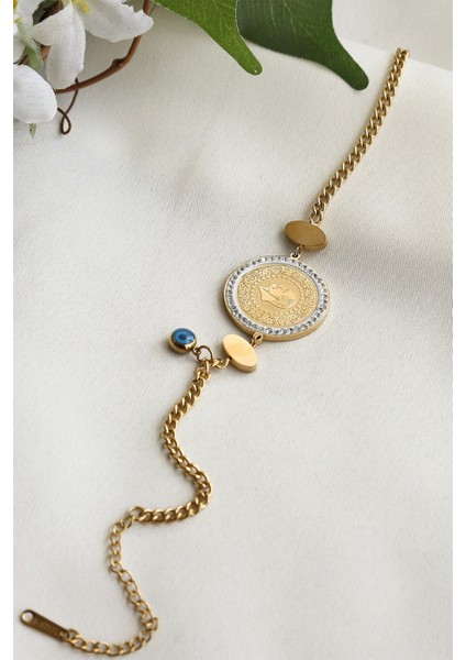 Çeyrek Altın Model Detaylı 316L Gold Renk Çelik Kadın Bileklik