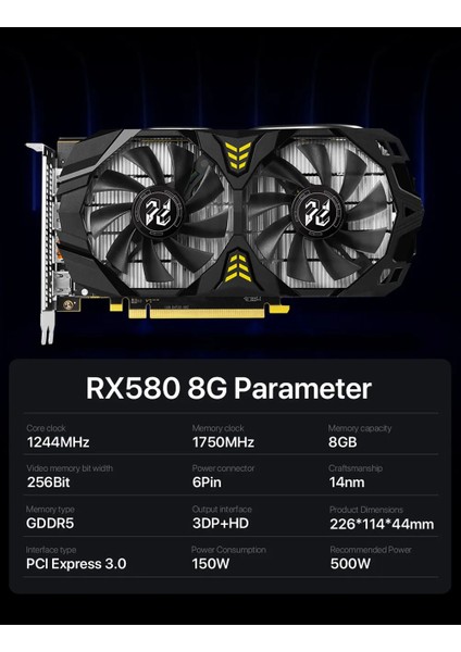 Kaıtıan RX580 8gb Ddr5 256BIT 1 Hdmı/3x Dp Akran Kartı