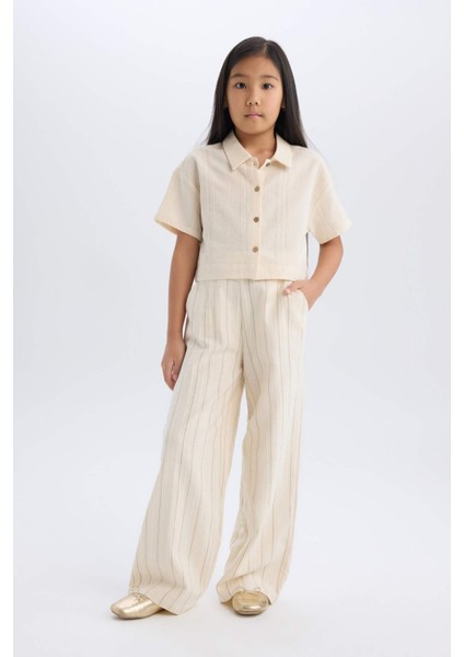 Kız Çocuk Cropped Fit Keten Kısa Kollu Gömlek D9142A825SM