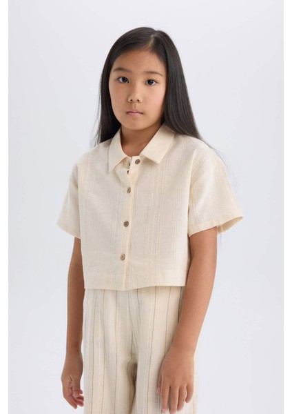 Kız Çocuk Cropped Fit Keten Kısa Kollu Gömlek D9142A825SM