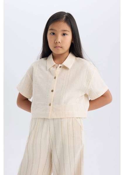 Kız Çocuk Cropped Fit Keten Kısa Kollu Gömlek D9142A825SM