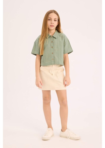 Kız Çocuk Cropped Fit Keten Kısa Kollu Gömlek D9143A825SM