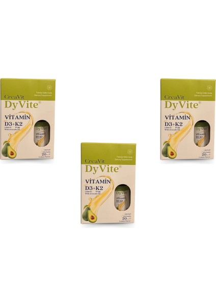 Dyvite® Vitamin D3K2, Avokado Yağlı, Limon Aromalı Damla/sprey 20 ml 3ADET