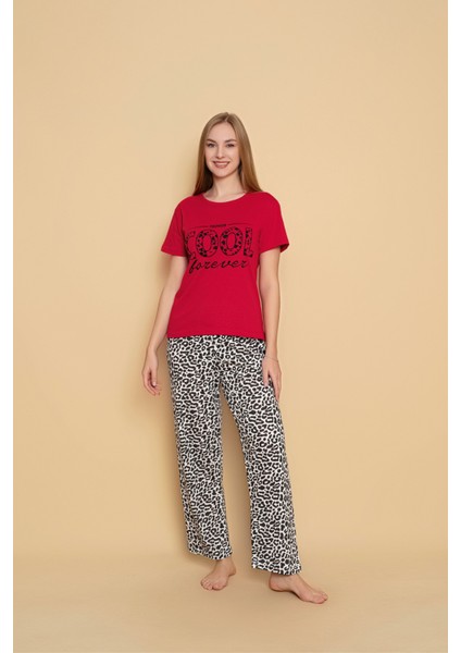 Kadın Kırmızı Renk Leopar Desenli Kısa Kollu Pijama Takımı fiyatları