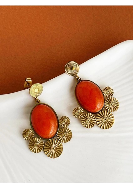 Turuncu Taşlı Vintage Çelik Küpe modelleri