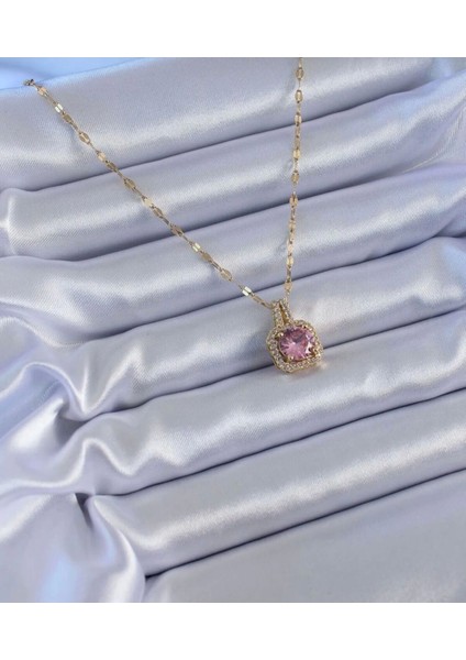 Çelik Gold Renk Pembe Zirkon Taş Model Kadın Kolye