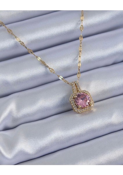 Çelik Gold Renk Pembe Zirkon Taş Model Kadın Kolye