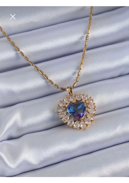 Gold Renk Zirkon Taşlı Kristal Mor Kalp Model Kadın Kolye