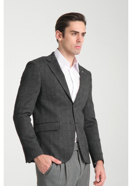 Ribas Erkek Lacivert Likralı Pamuk Karışımlı Ekose Desenli Slim Fit Spor Blazer Ceket