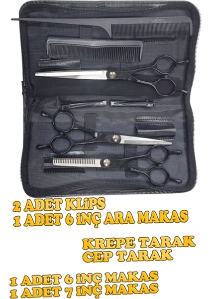 7 Parça Deri Çantalı Siyah Makas Seti Kuaför Berber Tıraş Seti