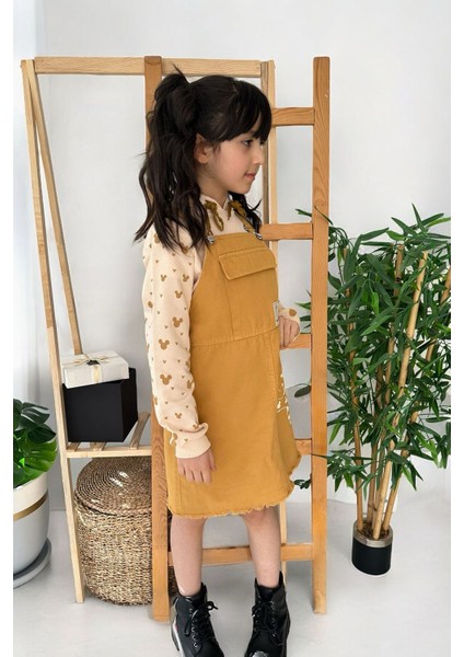 (10-13 Yaş) Gabardin Salopet Kapüşonlu Mnn Baskılı Sweat 2 li takım - Hardal