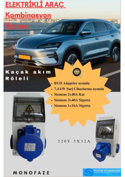 ST-ŞARJ-M Monofaze Elektrikli Araç Kombinasyon Kutusu; Byd Adaptöre Uyumlu