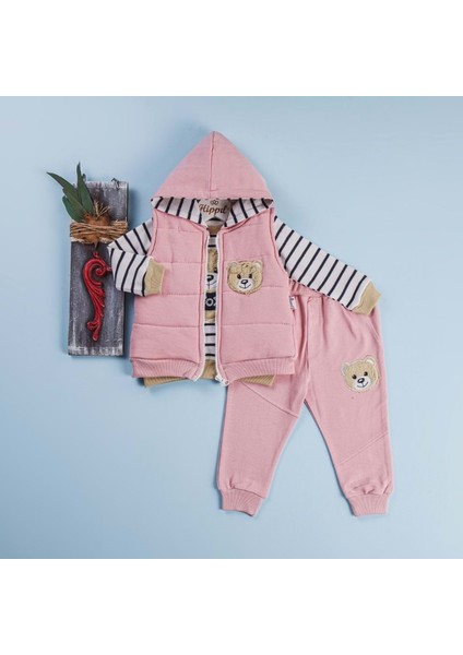 Baby 5042-3310 Ayıcık Çizgili Yelekli 3lü Takım Pembe