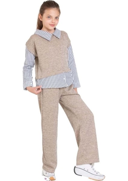 Öz Bebe 8-12 Yaş Kendinden Kazaklı Gömlekli Takım - Krem
