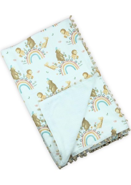 Çift Katlı Müslin Bebek Battaniyesi 100X115 cm Sevimli Hayvanlar Gökkuşağı