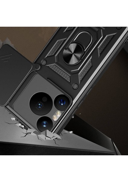 Noktaks - Pura 70 Pro 5g - Kılıf Magnetik Standlı Kamera Korumalı Sürgülü Vega Kapak - Siyah