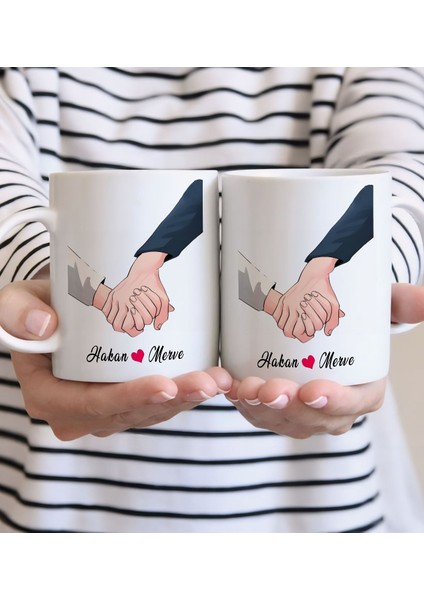 Kişiye Özel Sevgili El Ele Tasarımlı Ikili Beyaz Kupa Bardak-5, Sevgililer Günü, Sevgiliye Hediye
