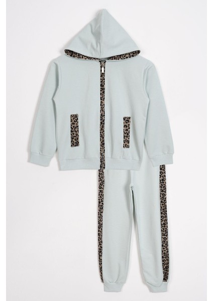 Kapüşonlu Leopar Şerit Detaylı Mint Renk Kız Çocuk Eşofman Takım