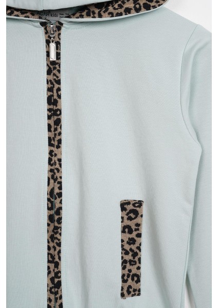 Kapüşonlu Leopar Şerit Detaylı Mint Renk Kız Çocuk Eşofman Takım fiyatları