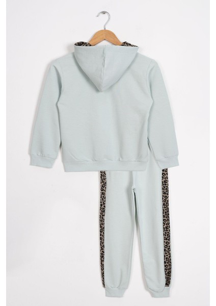 Kapüşonlu Leopar Şerit Detaylı Mint Renk Kız Çocuk Eşofman Takım modelleri