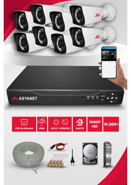 8 Kameralı Kare Bullet Dış Kamera Set 500GB Full Hd Gece Görüşlü Güvenlik Sistemleri