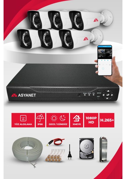 6 Kameralı Kare 6 Bullet Kamera Set 320GB HDD Gece Görüşlü Güvenlik Kamerası Sistemi - Mobil İzleme