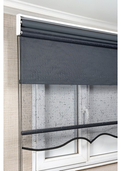 Çift Mekanizmalı Çizgili Antrasit Tül ve Antrasit Stor Güneşlik Perdeler