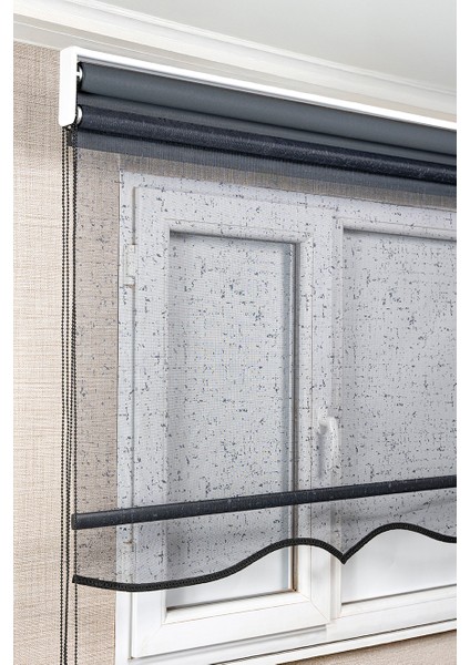 Çift Mekanizmalı Çizgili Antrasit Tül ve Antrasit Stor Güneşlik Perdeler fiyatları