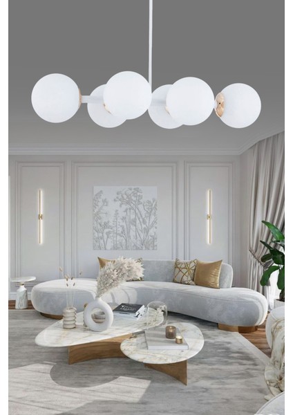 Luxury Modern Tasarım Beyaz 6'li Beyaz Glop Camlı Avize