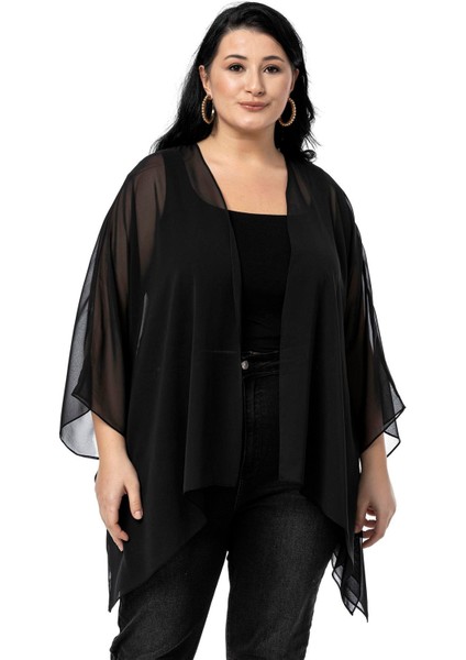 Büyük Beden Geniş Kesim Kol Altı Dikiş Detaylı Siyah Panço Bolero